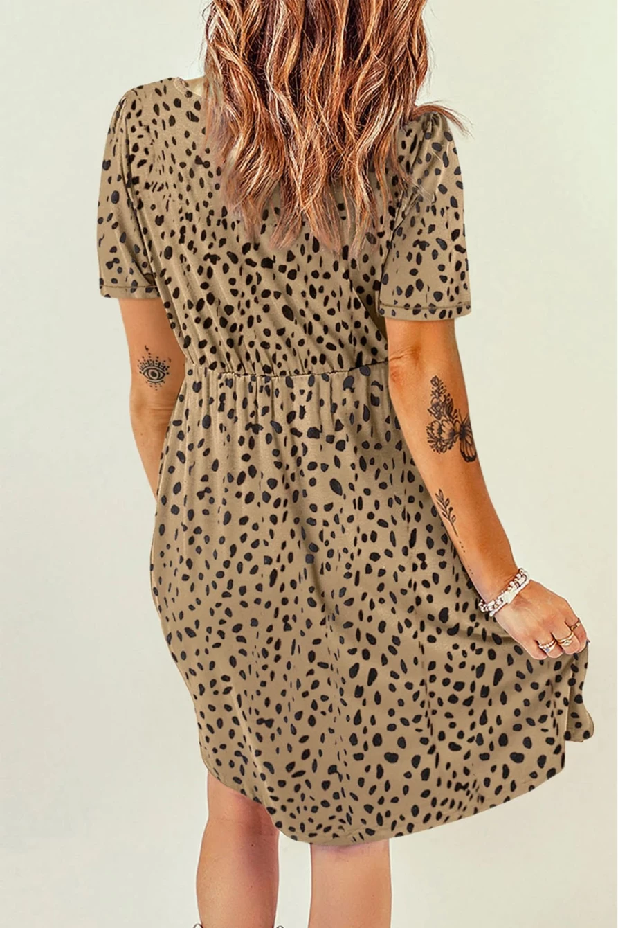 Shewin Women's Brown Leopard Print Button Front Scoop Neck Short Sleeve Dress