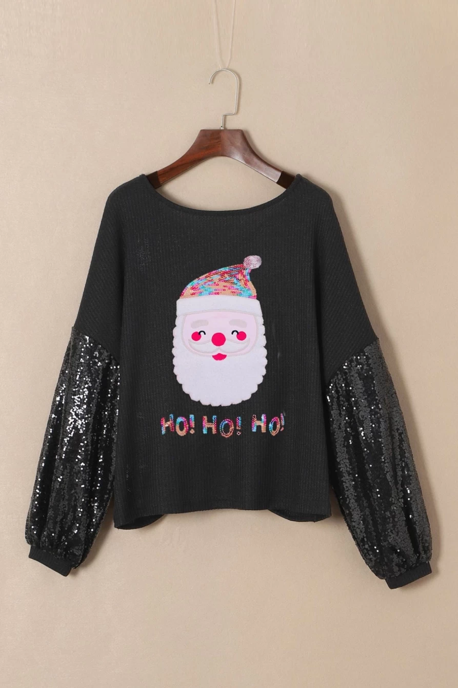 Shewin Women's Black Santa Claus & Ho Ho Ho Sequin Sleeve Graphic Christmas T-Shirt
