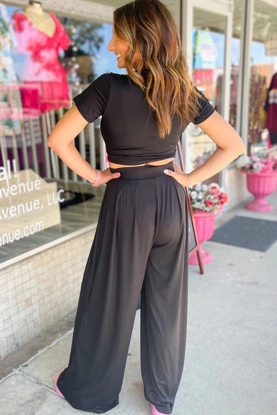 Shewin Women's Black Slim Fit Crop Top & Wide Leg Pants Set - Stylish Two-Piece Outfit