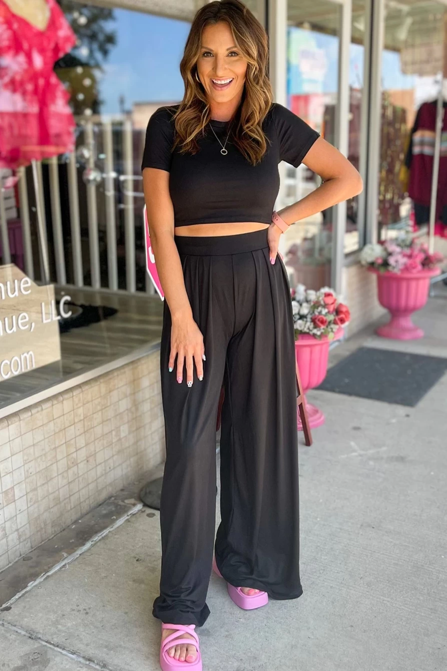 Shewin Women's Black Slim Fit Crop Top & Wide Leg Pants Set - Stylish Two-Piece Outfit