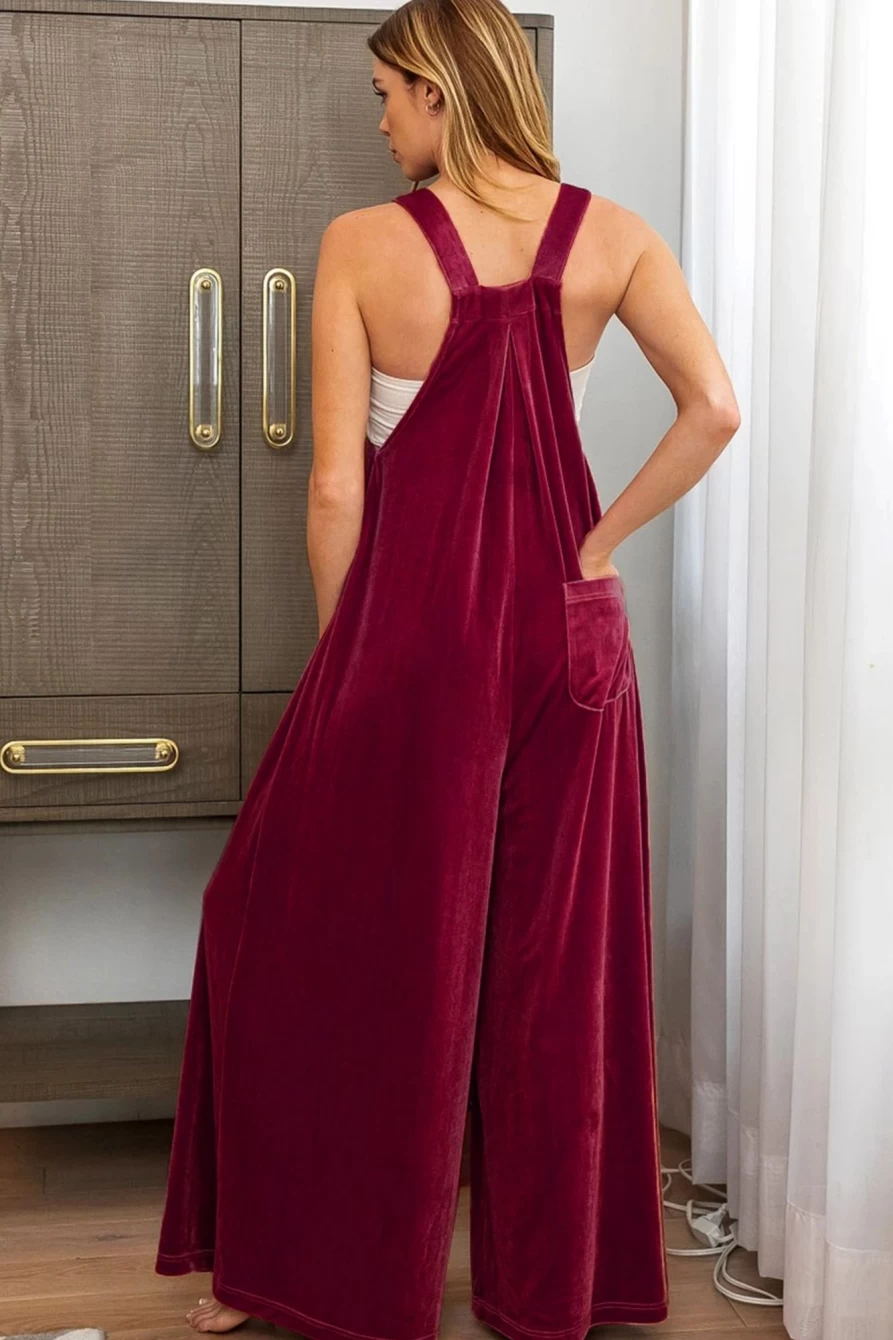 Shewin Women's Ruby Velvet Pleated Wide Leg Jumpsuit - Solid Color Overalls