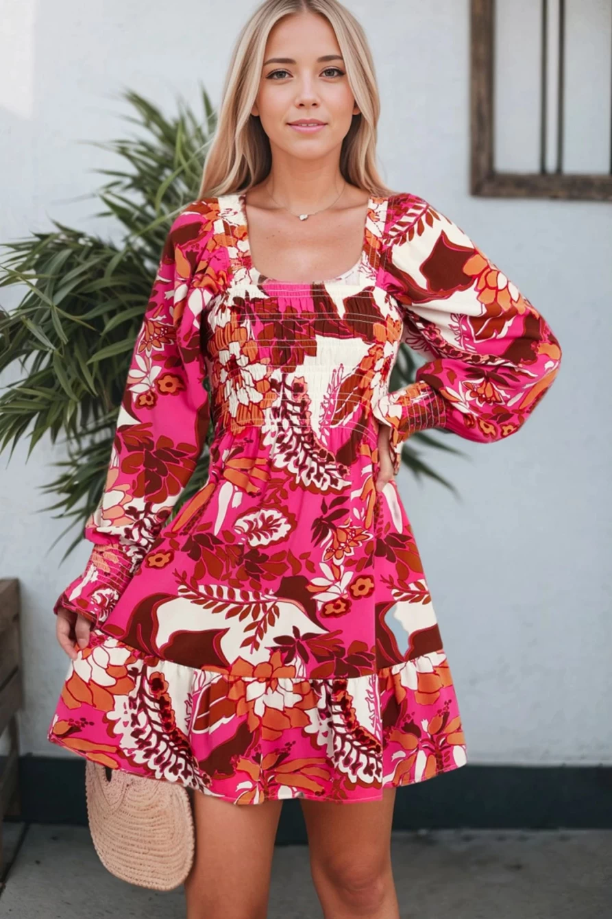 Shewin Women's Rose Floral Print Square Neck Flared Dress - Elegant Summer Boho Style