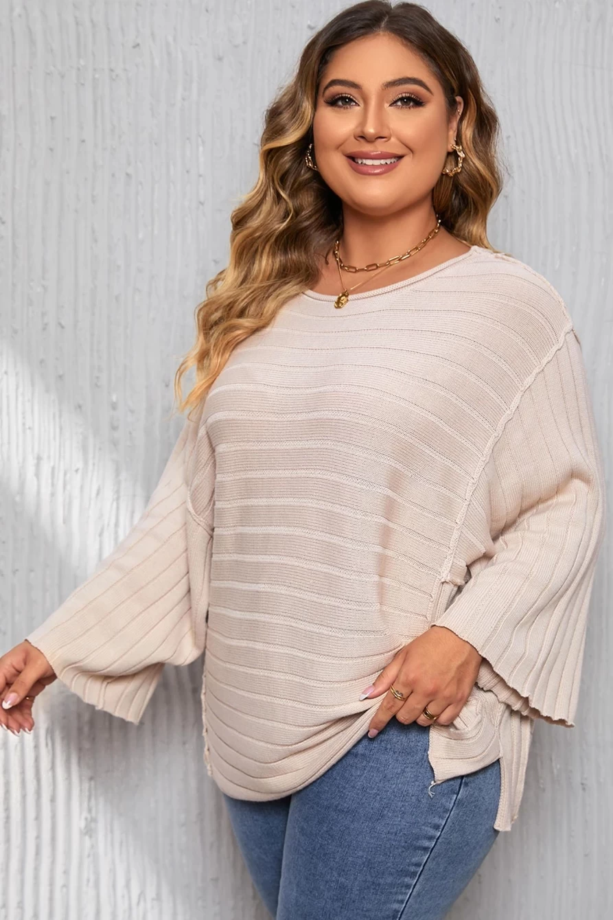 Shewin Women's Plus Size Apricot Ribbed Bracelet Sleeve Top with Exposed Seam Details