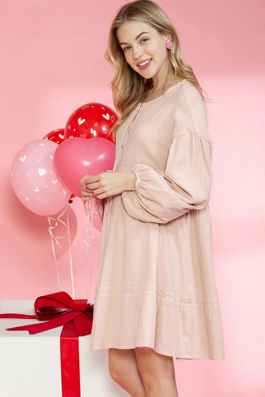 Shewin Women's Oatmeal Crinkle Lantern Sleeve Tiered Flare Dress with Frill Details