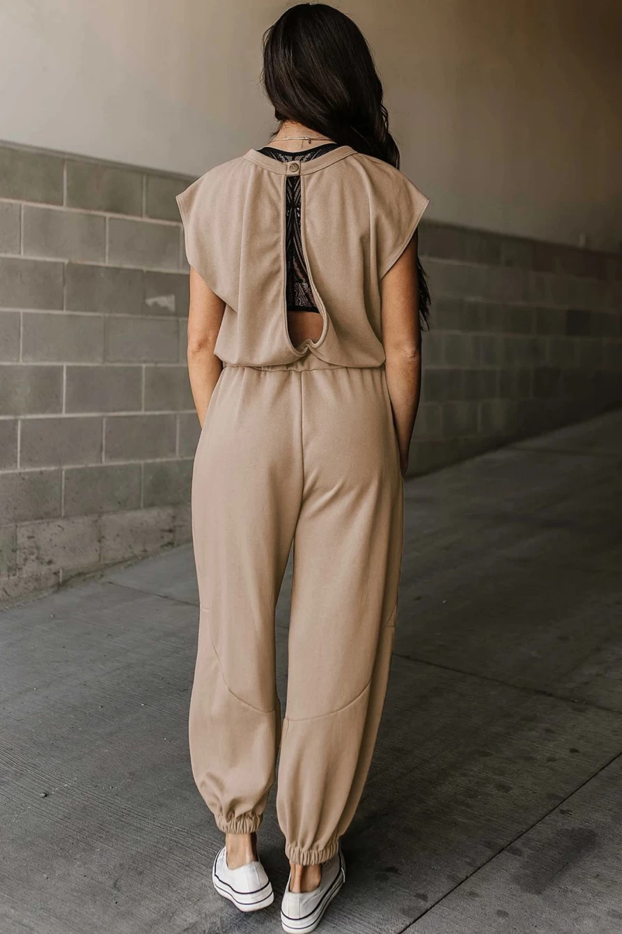 Women's Light French Beige Backless Cap Sleeve Jumpsuit with Drawstring Waist - Shewin Comfortable Jogger Style Romper
