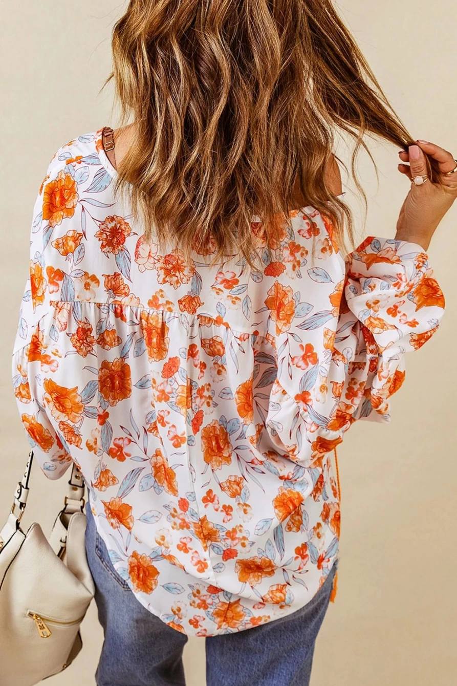 Shewin Women's Orange Boho Floral Print Blouse with Tassel Detail & V-Neck