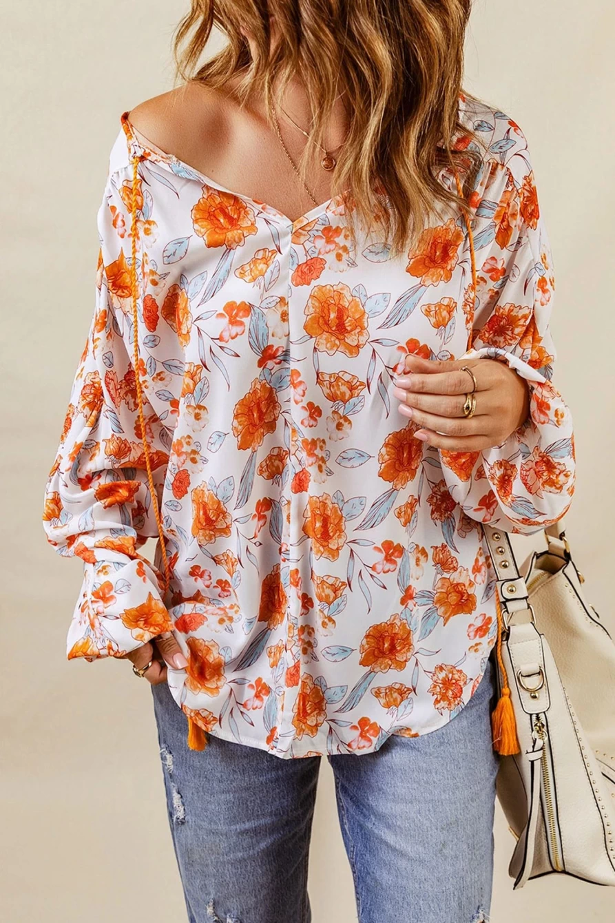 Shewin Women's Orange Boho Floral Print Blouse with Tassel Detail & V-Neck