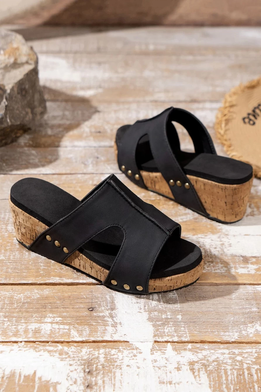 Shewin Women's Black Cut-Out Rivet Slip-On Wedge Slippers