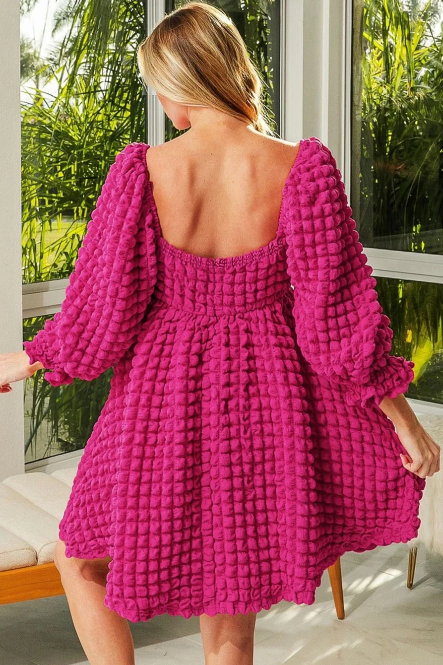 Shewin Women's Strawberry Pink Bubble Textured Square Neck Babydoll Dress