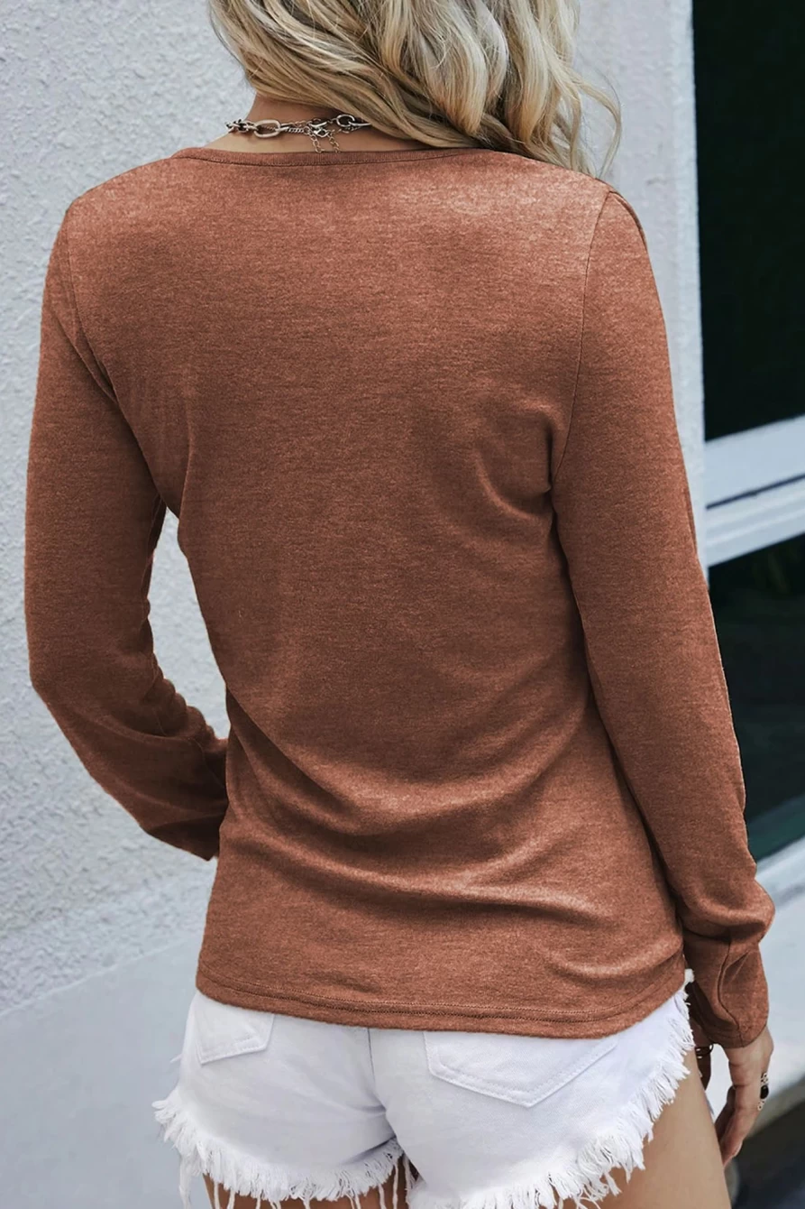 Shewin Women's Chestnut Ribbed Snap Button Henley Long Sleeve Top