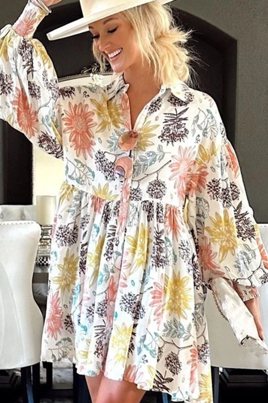 Shewin Women's White Floral Collared Dress with Bubble Sleeves