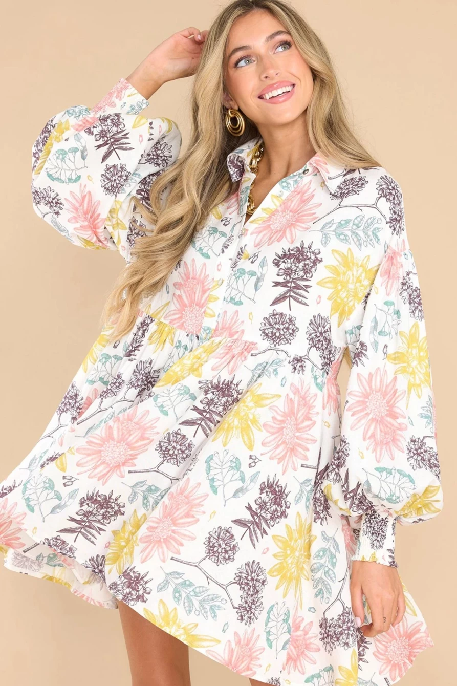 Shewin Women's White Floral Collared Dress with Bubble Sleeves