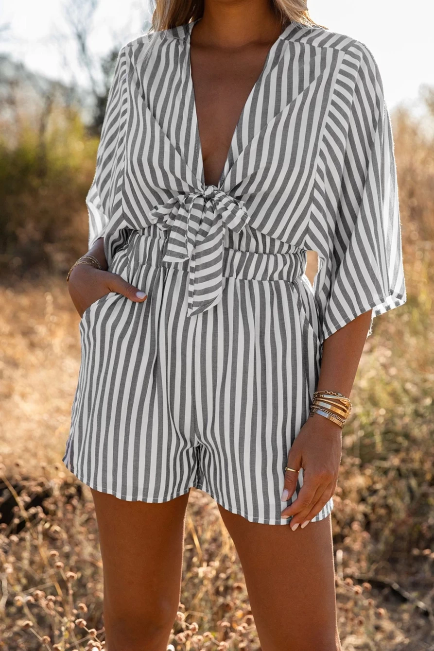 Shewin Women's Gray Striped Print Tie Knot Front Romper with Pockets
