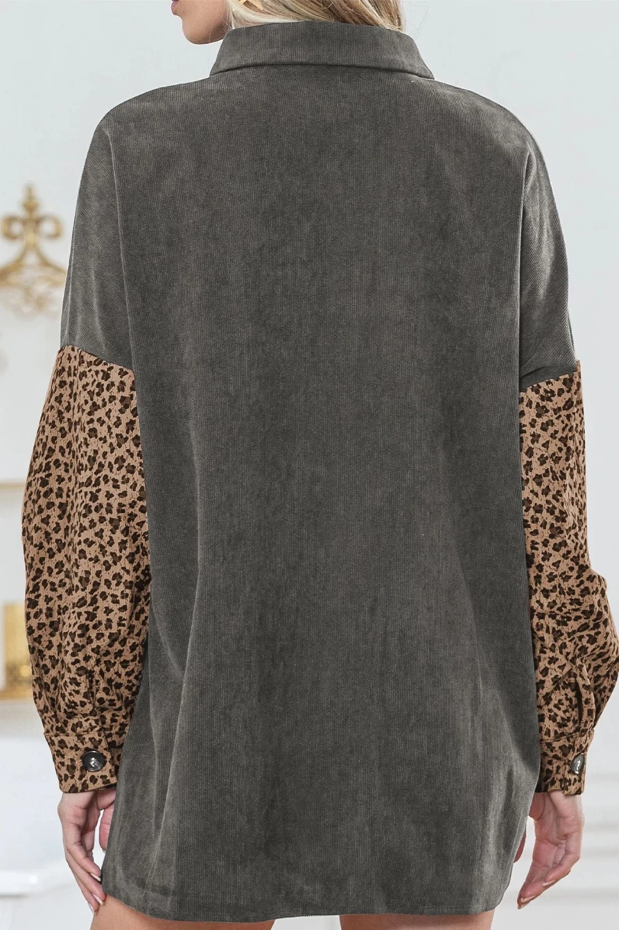 Women's Gray Color Block Leopard Print Corduroy Shacket by Shewin - Casual Patchwork Jacket