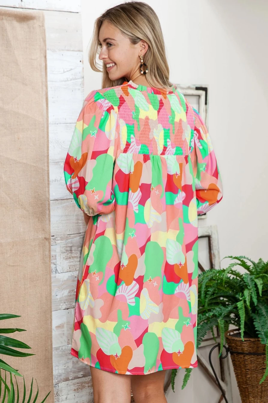 Shewin Women's Boho Abstract Print Dress with V-Neck & Puff Sleeves in Multicolor