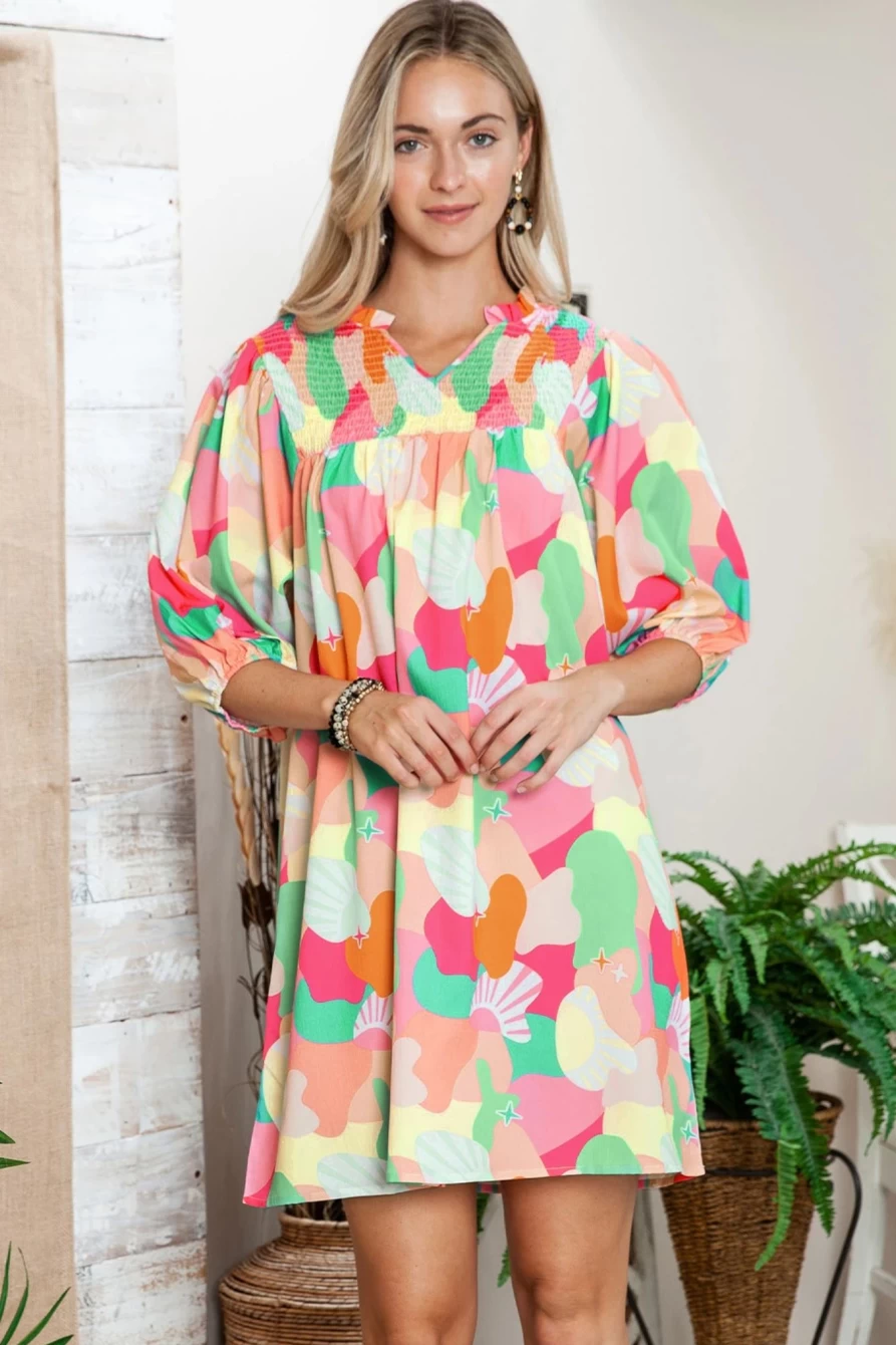 Shewin Women's Boho Abstract Print Dress with V-Neck & Puff Sleeves in Multicolor