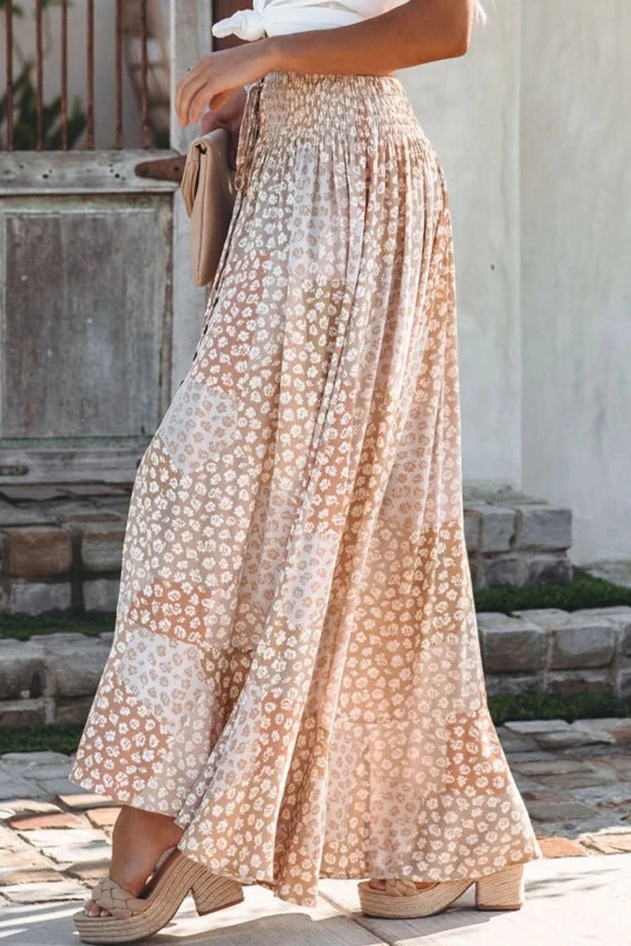 Shewin Women's Boho Floral Smocked Waist Maxi Skirt with Side Slit - Apricot