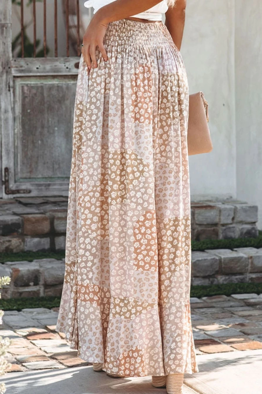 Shewin Women's Boho Floral Smocked Waist Maxi Skirt with Side Slit - Apricot