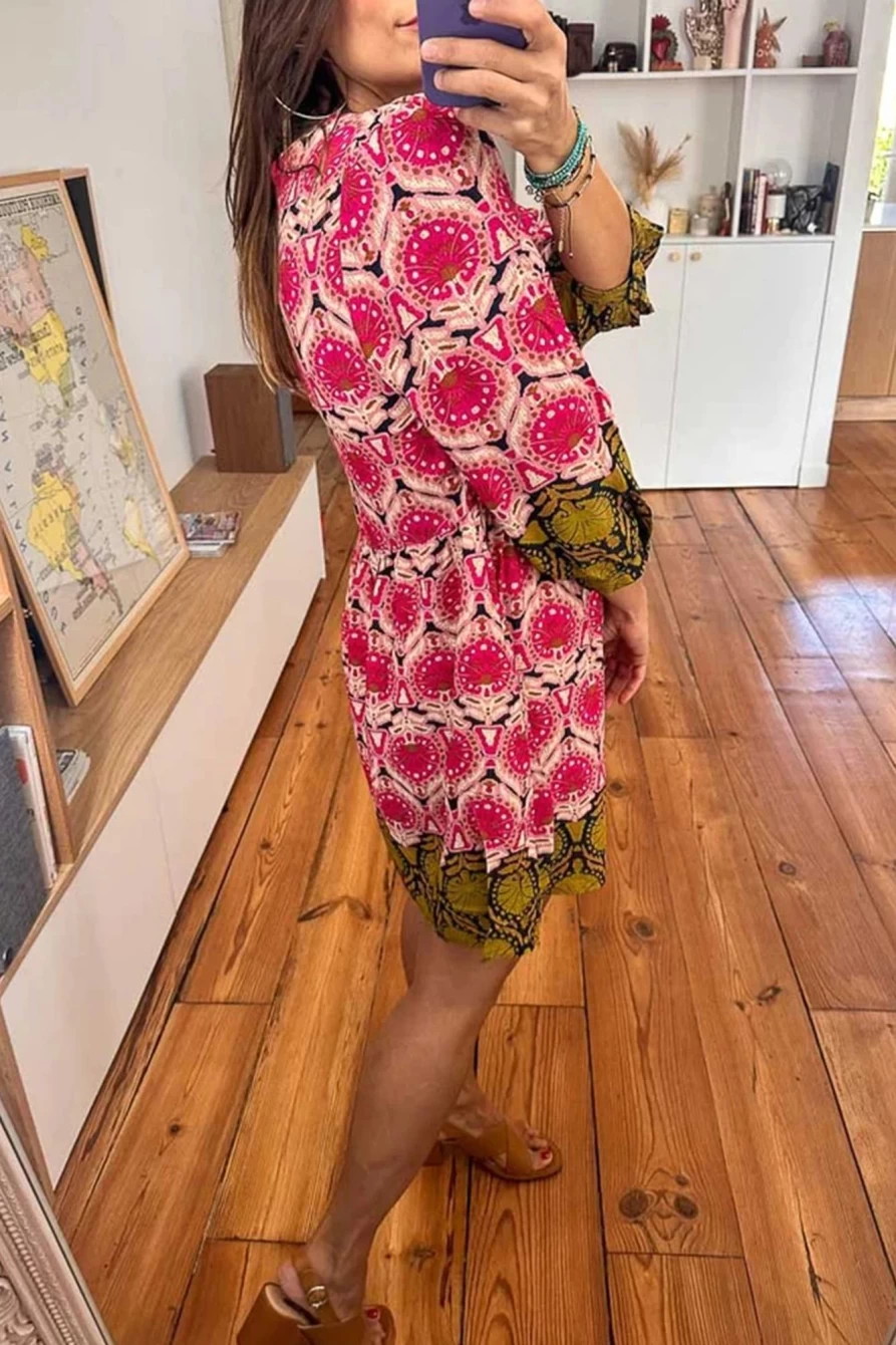 Shewin Women's Strawberry Pink Abstract Print Color Block V-Neck Mini Dress