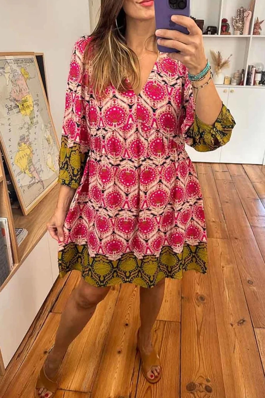 Shewin Women's Strawberry Pink Abstract Print Color Block V-Neck Mini Dress