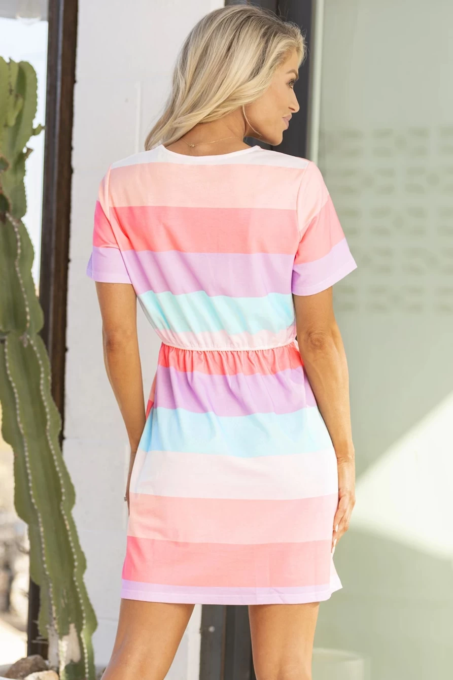 Shewin Women's Multicolor Stripes Print Casual T-Shirt Dress Rainbow Short Sleeve
