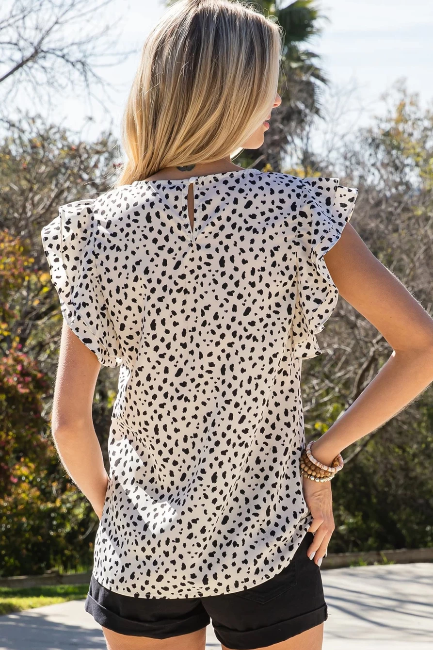 Shewin Women's Leopard Print Casual Ruffled Sleeveless Blouse