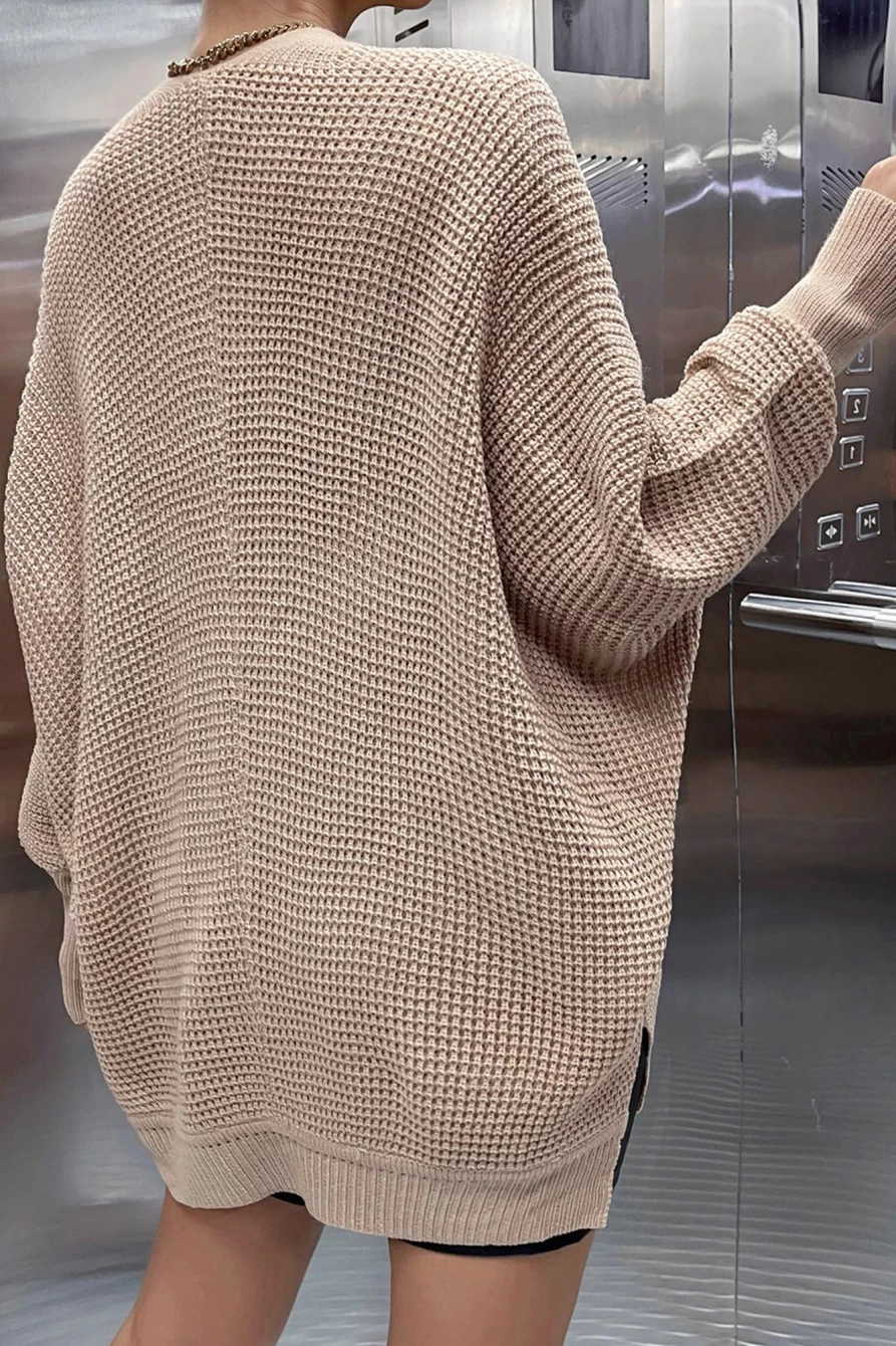 Shewin Women's Khaki Knitted Dolman Sleeve Open Front Cardigan Sweater