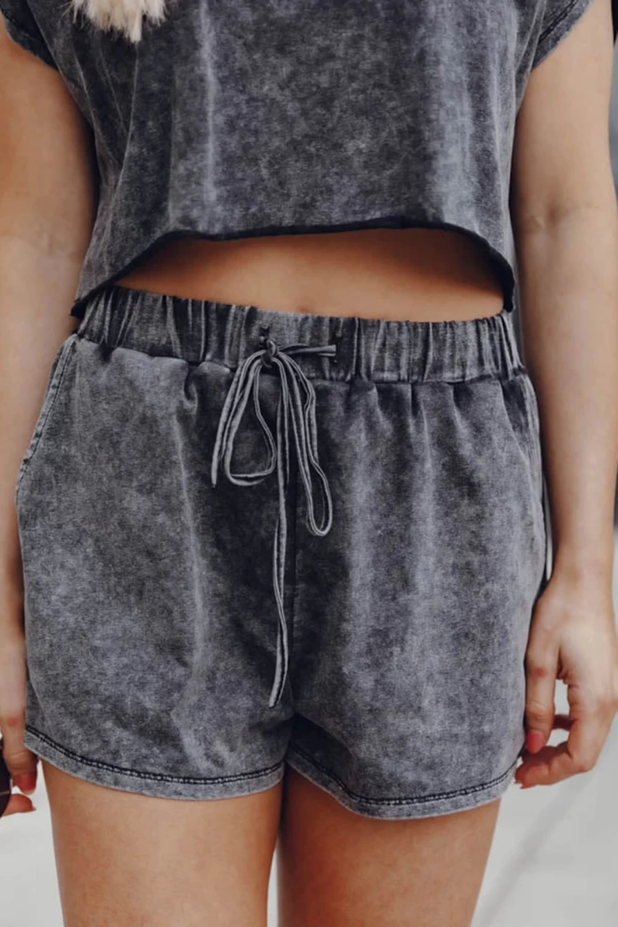 Shewin Women's Black Acid Washed T-Shirt & Drawstring Shorts Loungewear Set