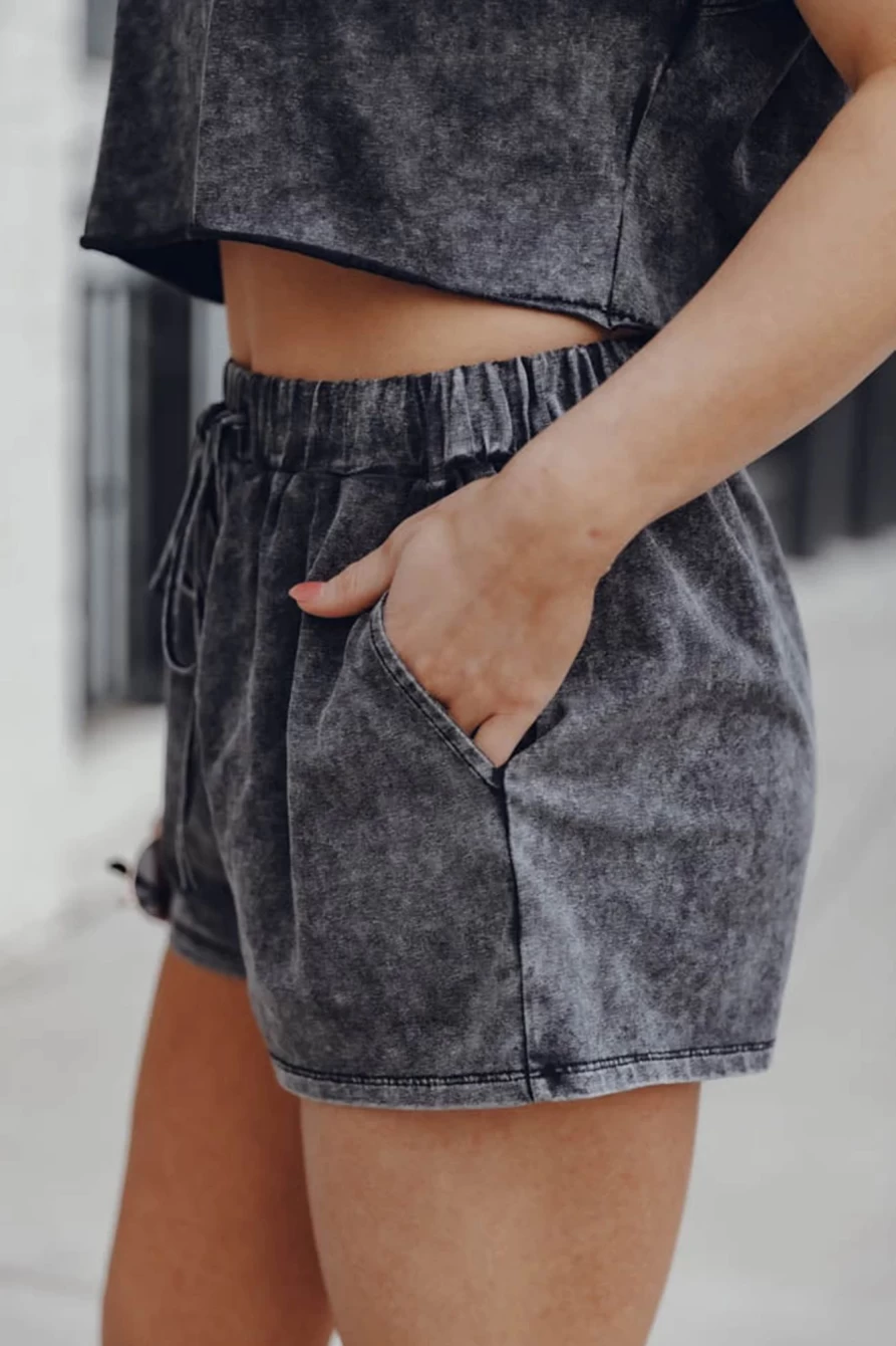 Shewin Women's Black Acid Washed T-Shirt & Drawstring Shorts Loungewear Set