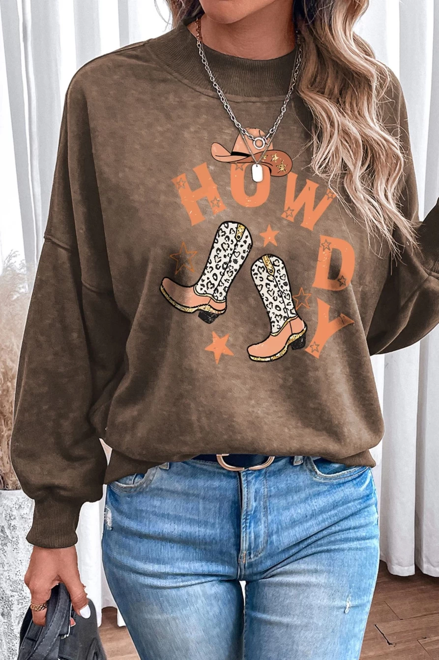 Shewin Women's Brown Howdy Graphic Print Round Neck Sweatshirt