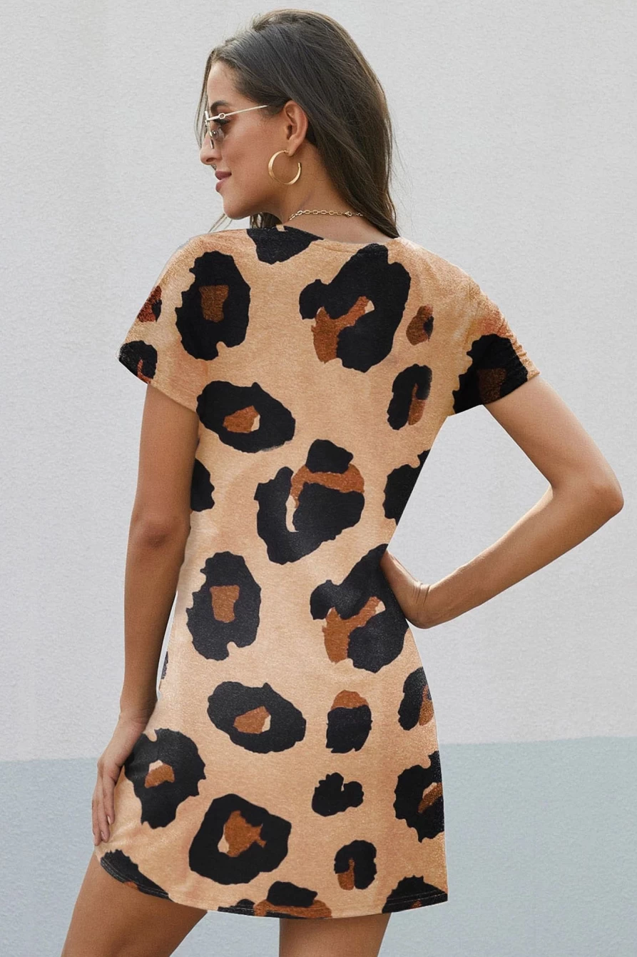 Shewin Women's Leopard Print V-Neck Twist Hem Casual Short Sleeve Dress