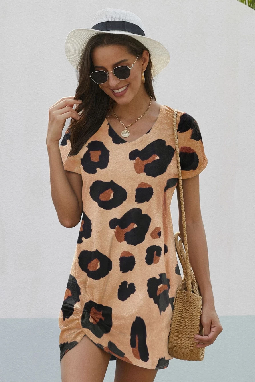Shewin Women's Leopard Print V-Neck Twist Hem Casual Short Sleeve Dress