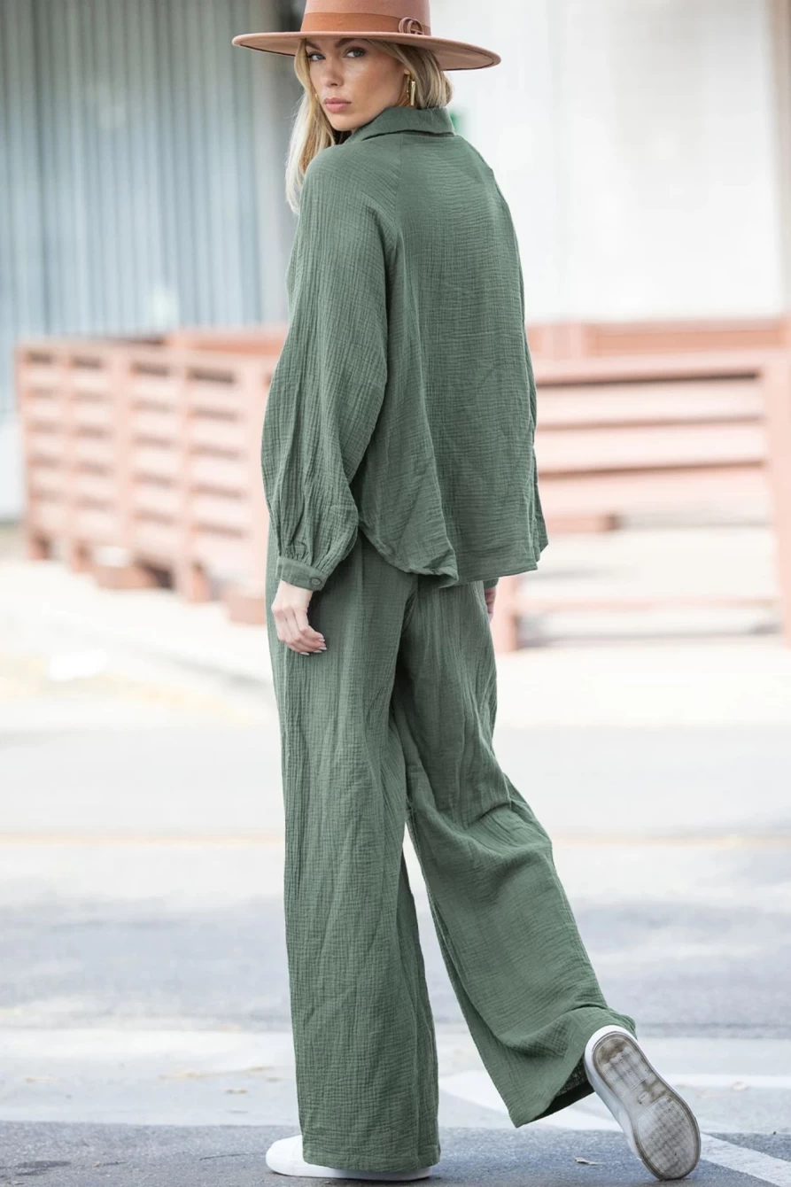 Shewin Women's Mist Green Crinkle Split Neck Top & Loose Drawstring Pants Set