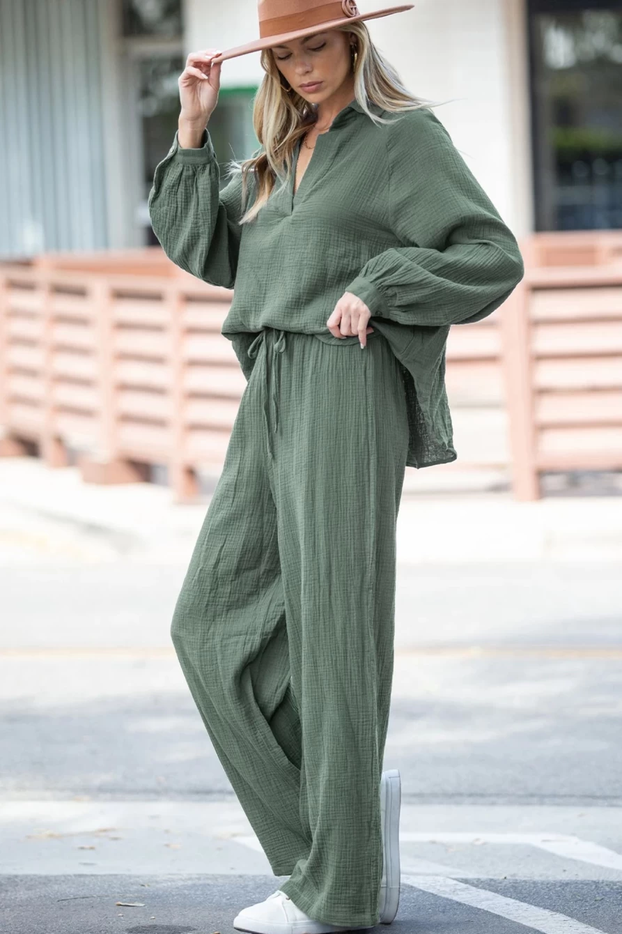Shewin Women's Mist Green Crinkle Split Neck Top & Loose Drawstring Pants Set