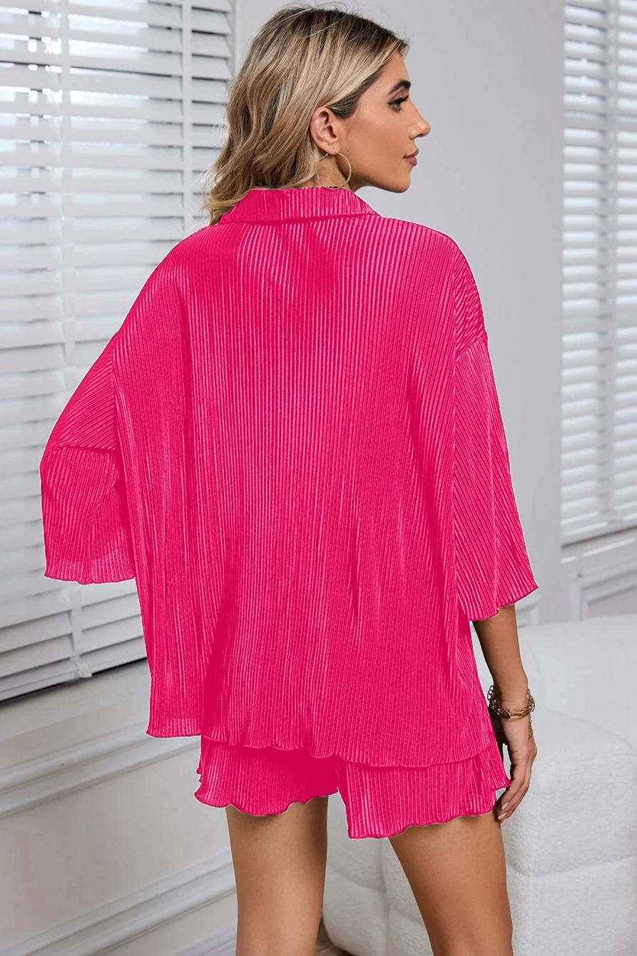 Shewin Women's Rose Pleated Button-Up Shirt & High-Waisted Shorts Lounge Set