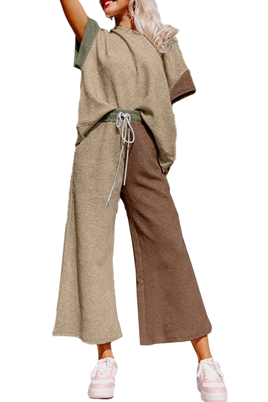 Shewin Women's Multicolor Textured Crop Top & Drawstring Wide Leg Pants Lounge Set