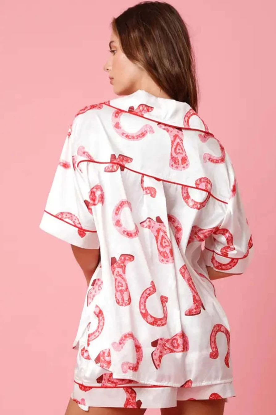 Shewin Women's White Satin Pajama Set - Mixed Pattern Shirt & Shorts for Comfortable Sleepwear