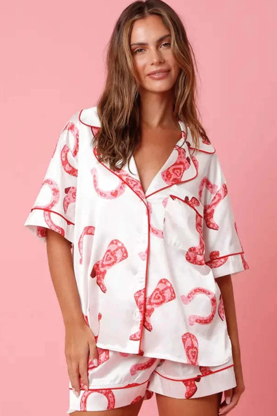 Shewin Women's White Satin Pajama Set - Mixed Pattern Shirt & Shorts for Comfortable Sleepwear