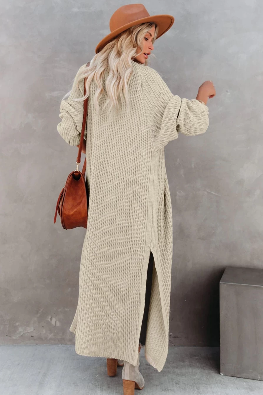 Shewin Women's Beige Cable Knit Open Front Duster Cardigan with Side Slits