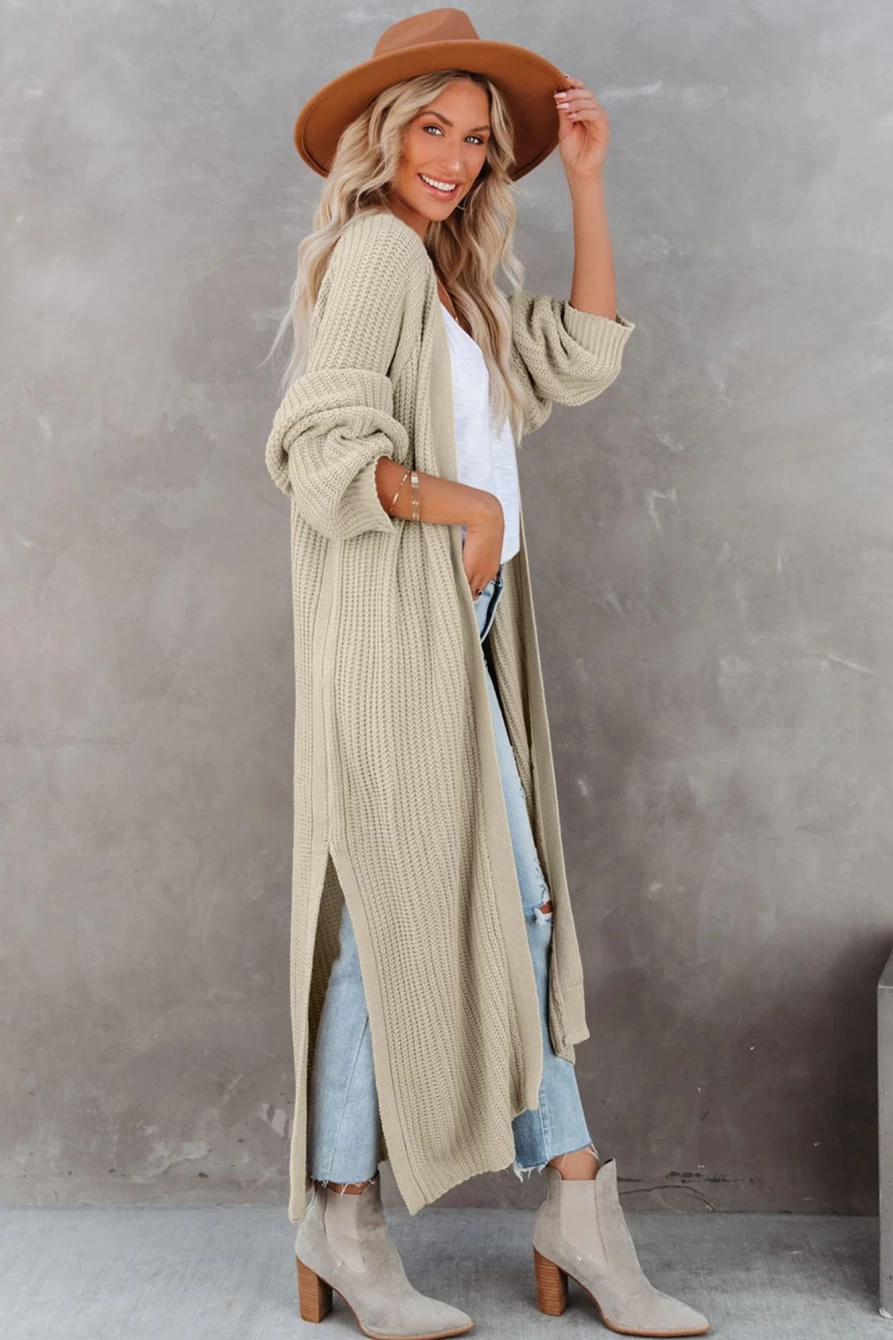 Shewin Women's Beige Cable Knit Open Front Duster Cardigan with Side Slits