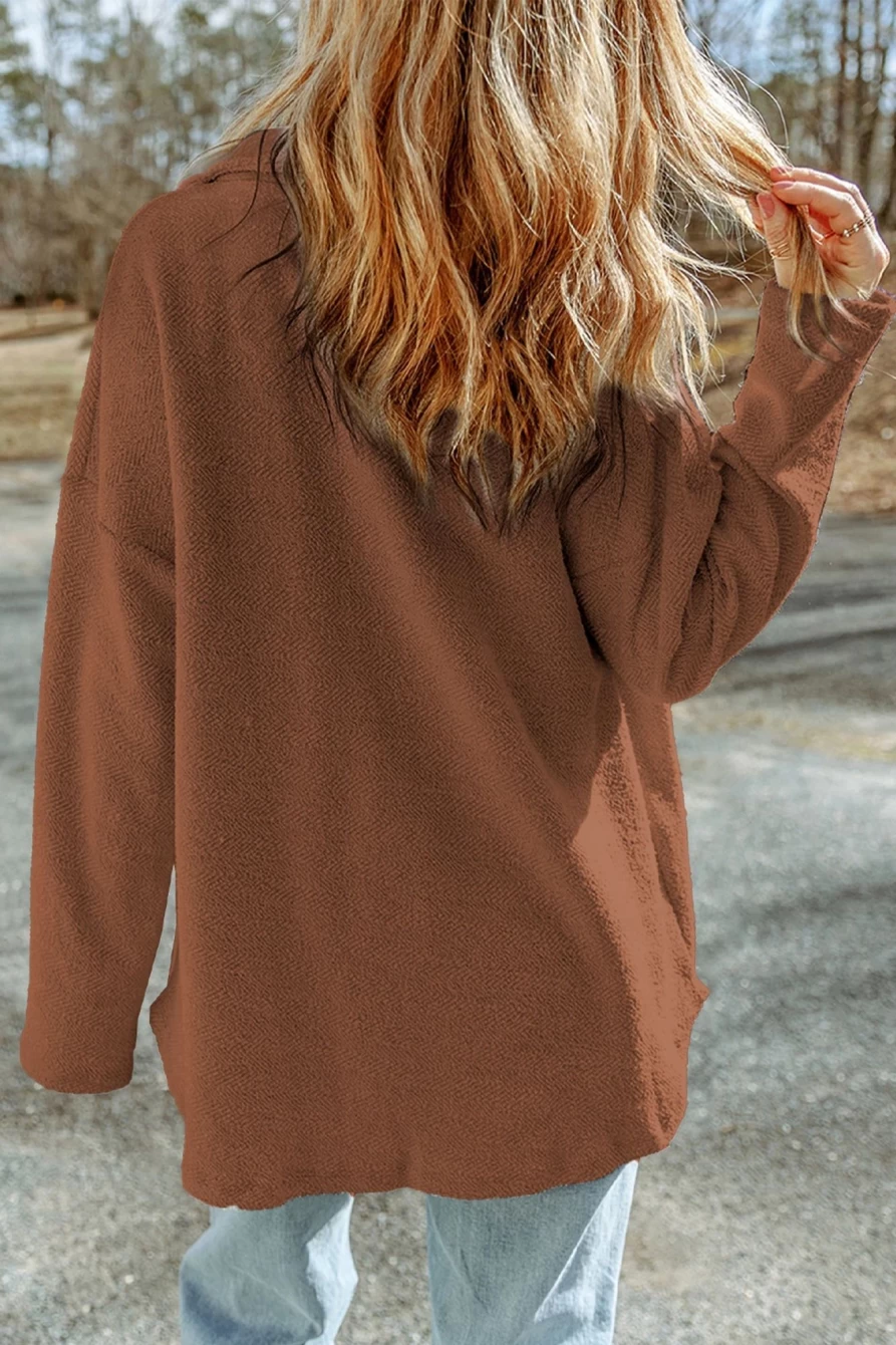 Women's Brown Solid Color Textured Button-Up Shacket with Pockets by Shewin