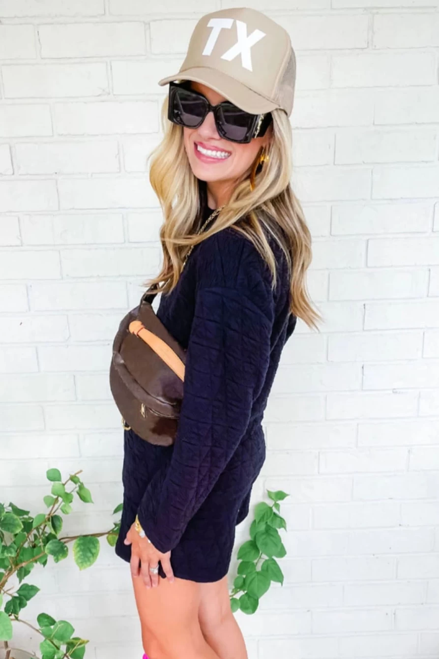 Shewin Women's Black Quilted Long Sleeve Top and Shorts Set, Cozy Loungewear Outfit