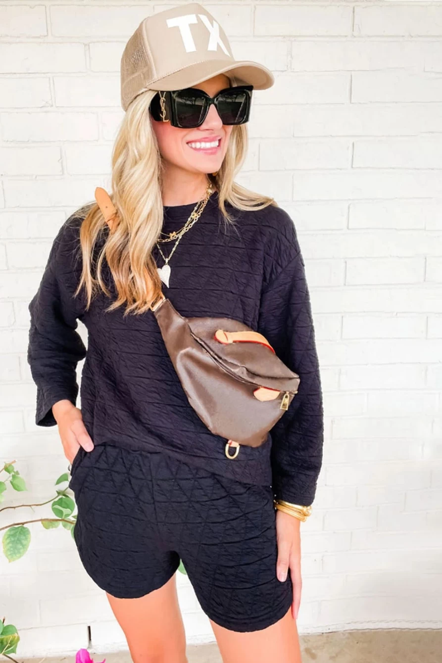 Shewin Women's Black Quilted Long Sleeve Top and Shorts Set, Cozy Loungewear Outfit