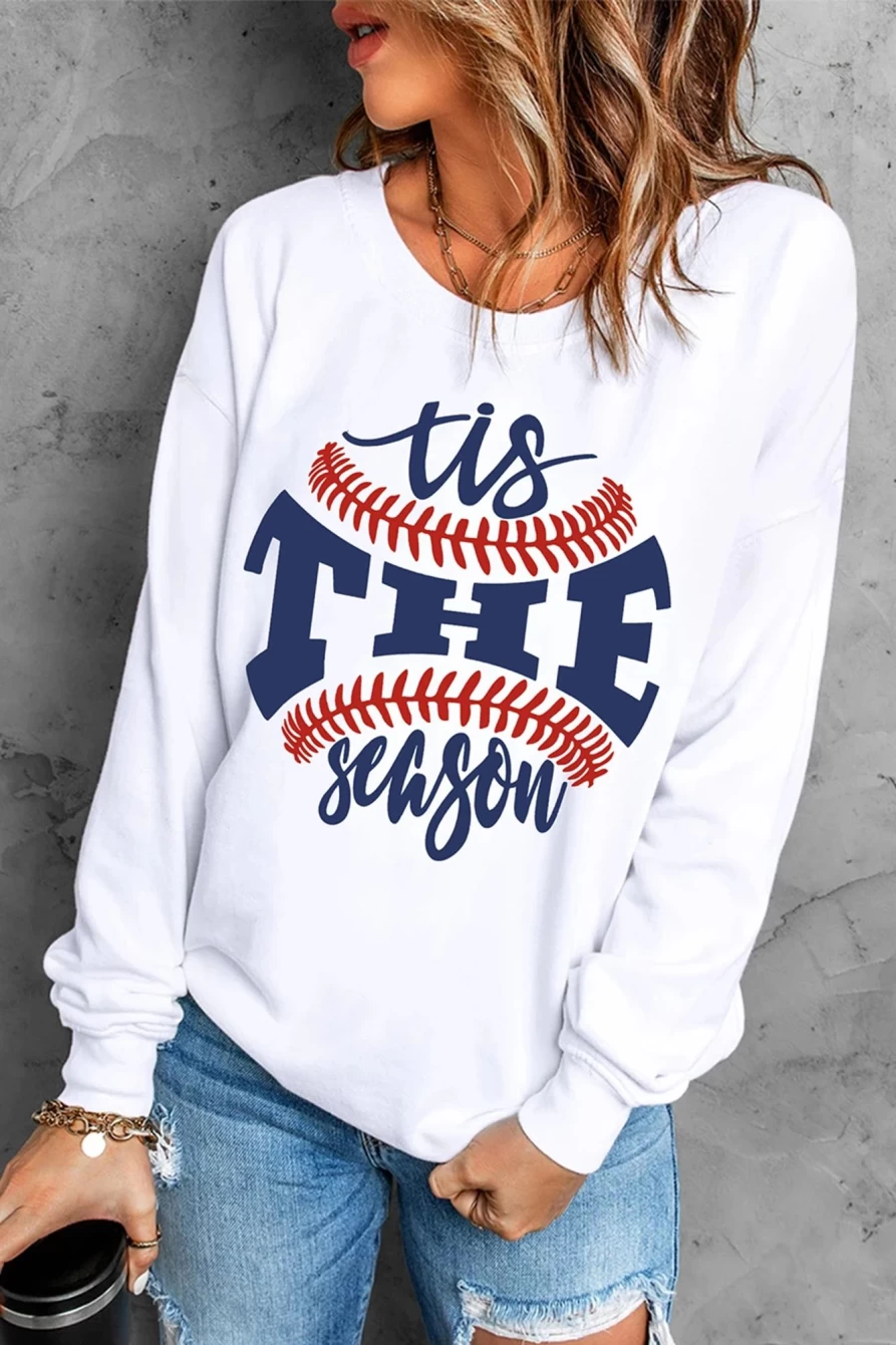Women's White Casual Baseball Graphic Sweatshirt with Letter Print - Shewin