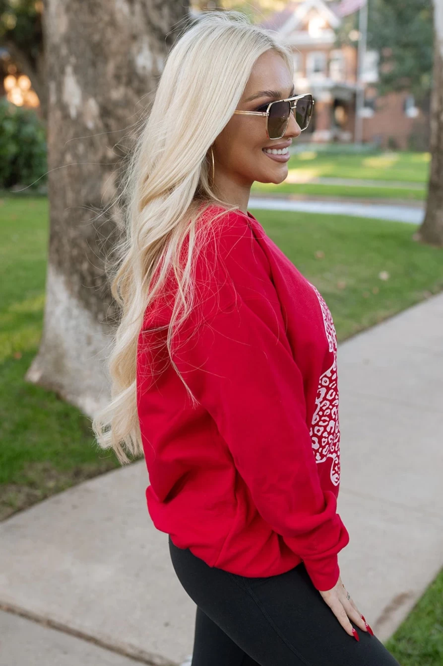 Shewin Women's Red Leopard Print Christmas Tree Graphic Sweatshirt Pullover