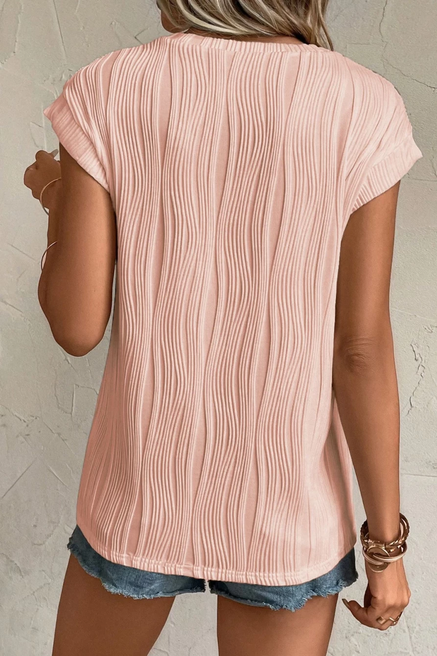 Shewin Women's Pink Solid Color Wavy Textured Cap Sleeve Top