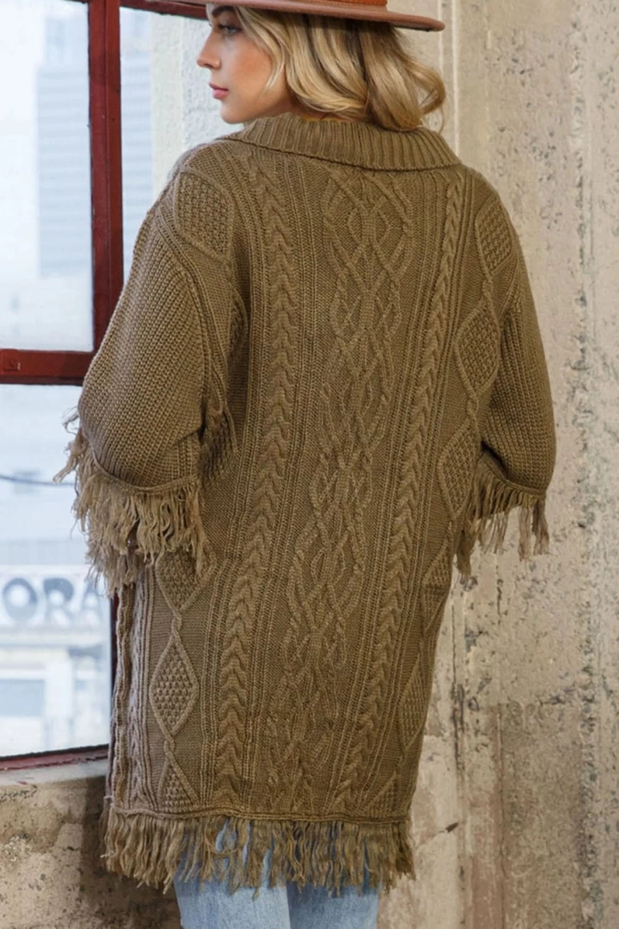 Shewin Women's Brown Twist Knit Cardigan with Open Front & Fringe Hem