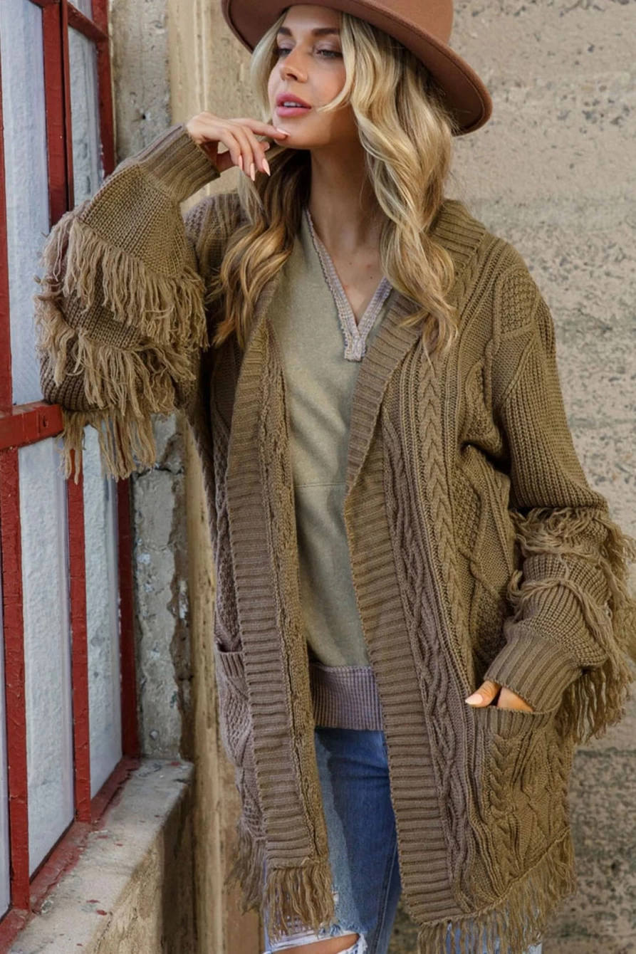 Shewin Women's Brown Twist Knit Cardigan with Open Front & Fringe Hem