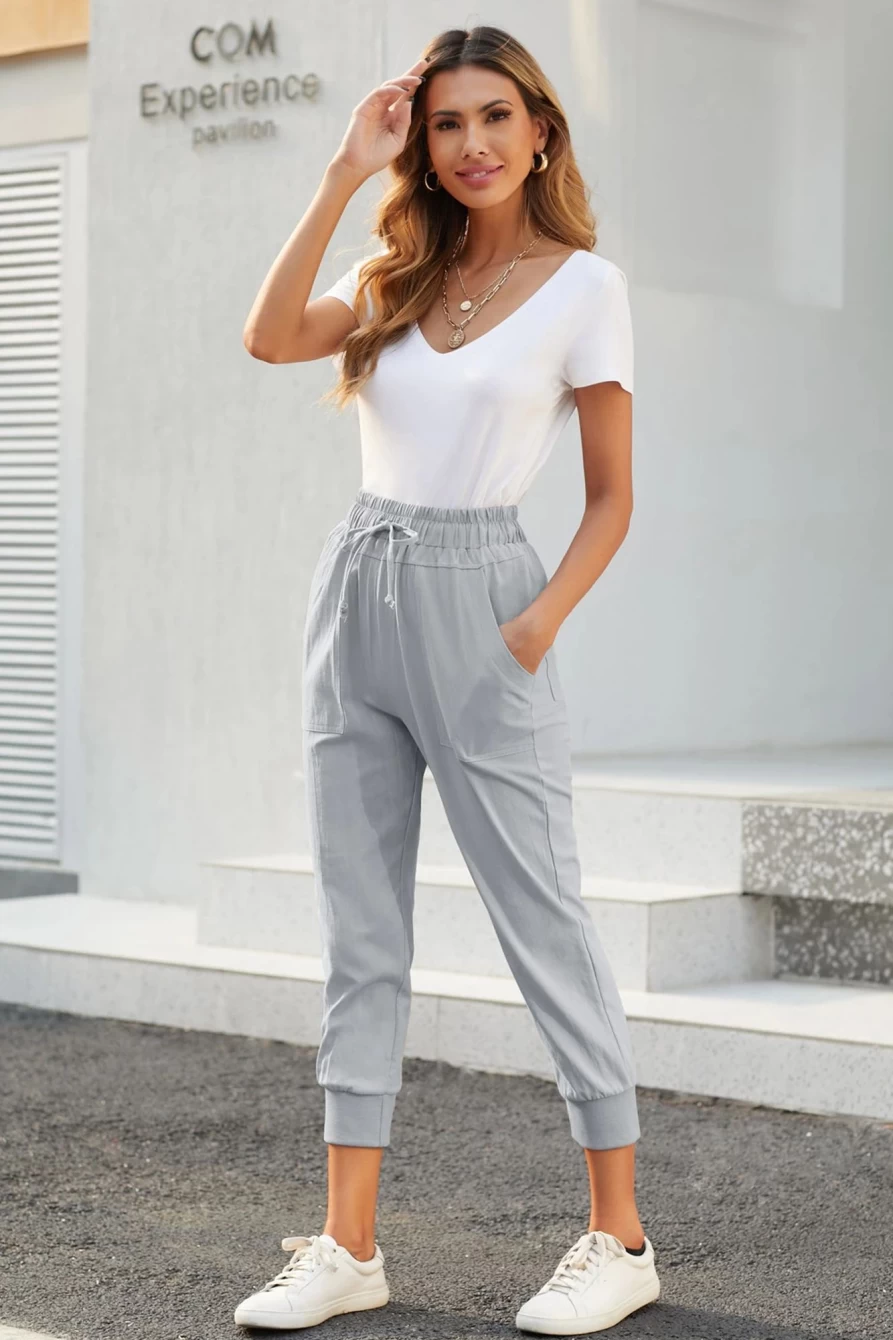 Shewin Women's Gray Casual Pockets Elastic Waist Drawstring Pants