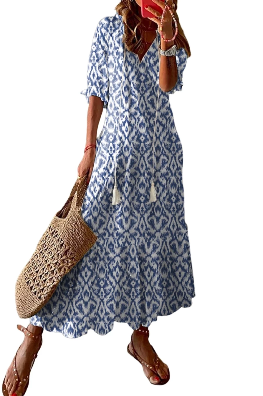 Shewin Women's Sky Blue Geometric Print Casual V-Neck Maxi Dress